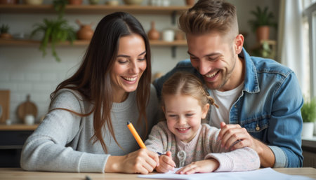 A cheerful family of three, including a woman, a man, and a young girl, share a delightful moment as they engage in drawing at a cozy kitchen table. Their laughter and smiles radiate warmth, showcasing the joy of creativity and togetherness in a nurturing home environment.の素材