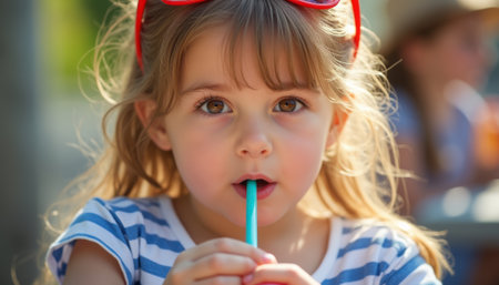 A charming young girl with long, wavy hair and bright eyes is sipping a colorful drink through a straw, radiating joy and curiosity. Her playful demeanor, accentuated by vibrant red sunglasses, captures the essence of carefree summer days filled with laughter and fun.の素材