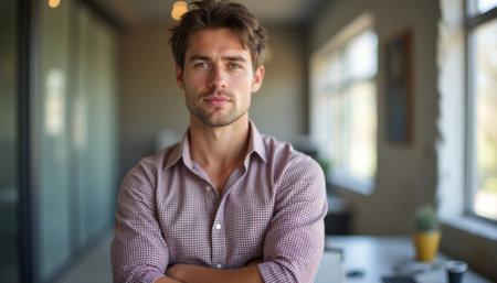 A handsome young man stands confidently with his arms crossed, exuding a sense of determination in a sleek, modern office. The soft natural light streaming through the windows highlights his features, creating an inviting atmosphere that suggests professionalism and ambition.の素材