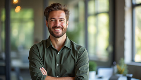 A cheerful young man with a well-groomed beard stands confidently in a bright, modern office, exuding warmth and approachability. His green shirt complements the vibrant atmosphere, filled with natural light and greenery, creating an inviting and professional environment.の素材