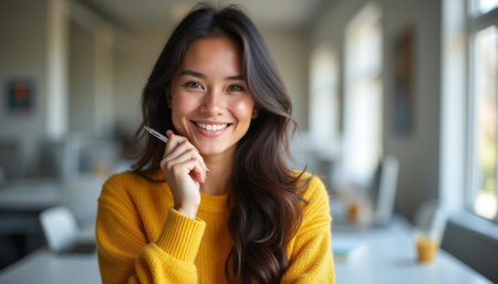 A radiant young woman with long, flowing hair beams at the camera while holding a pen, exuding warmth and confidence. Set in a bright, inviting cafÃ©, her joyful expression and vibrant yellow sweater create an atmosphere of creativity and inspiration, perfect for brainstorming or studying.の素材