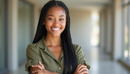 A radiant young woman with beautiful braided hair stands confidently, exuding warmth and positivity in a modern, well-lit corridor. Her genuine smile invites connection, showcasing her vibrant personality and self-assuredness.の素材