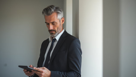 A distinguished man with silver hair and a well-groomed beard stands in a modern office, intently focused on his tablet. Dressed in a sharp black suit and tie, he exudes professionalism and sophistication, embodying the essence of contemporary business culture.の素材