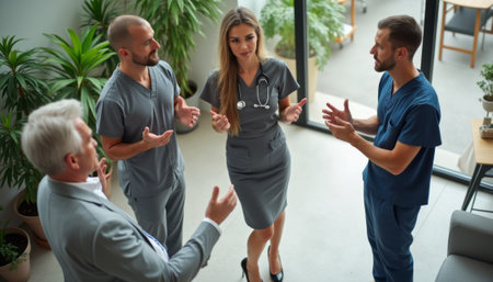 A group of four healthcare professionals, including two men and two women, are animatedly discussing in a modern medical office filled with greenery. Their expressions convey a mix of concern and determination, highlighting the collaborative spirit essential in healthcare.の素材