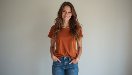 A radiant young woman stands confidently against a neutral background, wearing a stylish orange t-shirt and fitted jeans. Her bright smile and relaxed pose exude warmth and approachability, making this image perfect for conveying positivity and casual style.の素材