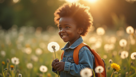 A cheerful young Black boy with a bright smile stands in a field of dandelions, holding a fluffy dandelion puff. The warm sunlight bathes the scene in a golden glow, creating a magical atmosphere of childhood wonder and joy.の素材