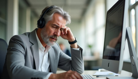 A distinguished older man with gray hair and a beard is deeply engaged in his work at a sleek desk, wearing headphones. His intense expression reflects concentration and determination, embodying the essence of professionalism in a modern office environment.の素材