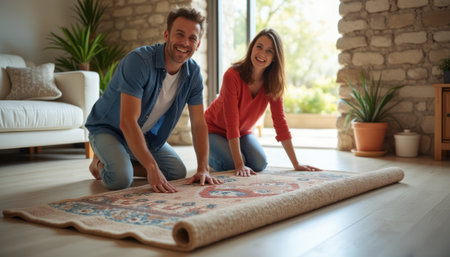 A joyful couple, a man and a woman, are kneeling on the floor as they unroll a stunning rug in their bright and inviting living room. The warm atmosphere is enhanced by natural light streaming through large windows, highlighting their smiles and the intricate patterns of the rug.の素材