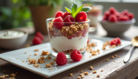 A tempting yogurt parfait showcases layers of creamy yogurt, vibrant raspberry puree, and crunchy granola, garnished with fresh mint leaves. This delightful dessert is perfect for a healthy breakfast or a refreshing snack, inviting you to indulge in its colorful and nutritious goodness.の素材