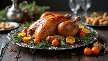 A beautifully roasted turkey takes center stage on an elegant silver platter, surrounded by fresh herbs and colorful citrus fruits. This festive feast evokes warmth and celebration, perfect for holiday gatherings and family dinners.の素材