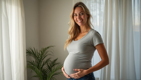 A joyful pregnant woman stands gracefully, cradling her baby bump in a softly lit room adorned with sheer curtains. Her warm smile radiates happiness and anticipation, embodying the beauty of motherhood.の素材