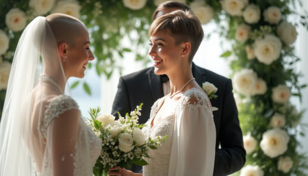 In a beautifully adorned setting, two brides share a radiant moment filled with love and happiness, surrounded by lush floral arrangements. Their smiles and intimate connection capture the essence of commitment and celebration, making this image a perfect representation of modern love.の素材