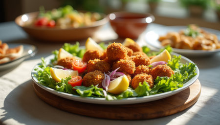A vibrant display of crispy falafel balls sits atop a bed of fresh lettuce, surrounded by bright lemon wedges and cherry tomatoes. This appetizing scene captures the essence of healthy eating, inviting you to indulge in a flavorful and nutritious meal.の素材