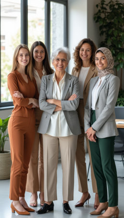 A diverse group of five professional women, including a senior woman with gray hair, pose confidently in a stylish office setting. Their outfits reflect a blend of modern elegance and cultural diversity, showcasing unity and strength in the workplace.の素材