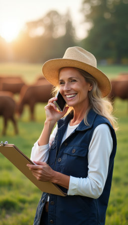 A cheerful woman in a straw hat stands in a lush green field, engaging in a phone conversation while holding a clipboard. Her radiant smile reflects the joy of farm life, surrounded by grazing cows under a warm, golden sunset.の素材