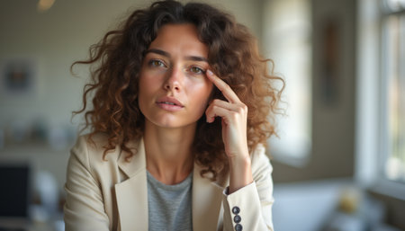 A contemplative woman with beautiful curly hair gazes thoughtfully while resting her finger on her temple in a stylish office setting. The soft natural light streaming through the window enhances the serene atmosphere, inviting viewers to ponder the depth of her thoughts and emotions.の素材