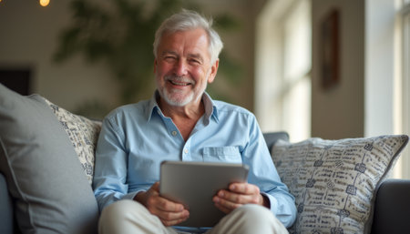 An elderly man with a warm smile sits comfortably on a plush sofa, engaging with his tablet. The inviting atmosphere, filled with soft lighting and decorative pillows, radiates joy and connection in a modern living space.の素材
