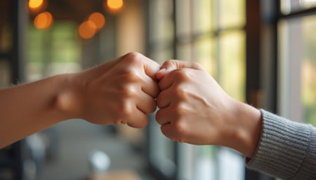 This dynamic image captures a joyful fist bump between two individuals, symbolizing friendship and camaraderie. The soft, blurred background of a cozy cafÃ© enhances the warmth of the moment, inviting viewers to feel the connection and positivity shared between the two.の素材