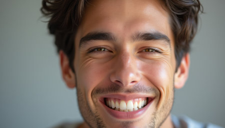 A charming young man with tousled dark hair beams with a genuine smile, radiating warmth and positivity. His bright eyes and infectious grin create an inviting atmosphere, perfect for conveying happiness and approachability.の素材