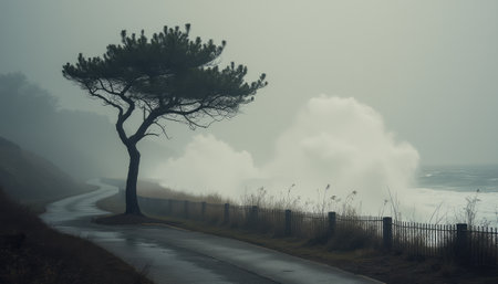 A solitary tree stands resiliently beside a winding coastal road, as powerful waves crash dramatically against the shore. The misty atmosphere envelops the scene, creating a sense of solitude and tranquility amidst natures raw power.の素材