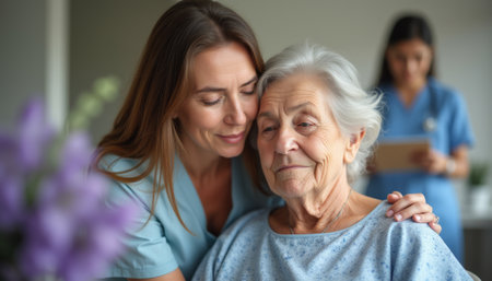 A warm embrace between a compassionate caregiver and an elderly woman radiates love and support in a serene healthcare setting. This touching moment highlights the deep bond formed through care, showcasing the importance of empathy in nursing.の素材