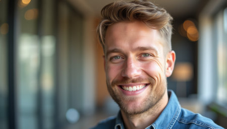A handsome young man with tousled blonde hair beams with a warm smile, radiating positivity in a stylish, contemporary environment. His confident expression and relaxed demeanor invite a sense of joy and approachability, making this image perfect for conveying happiness and friendliness.の素材