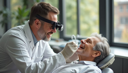 A skilled male dentist, wearing magnifying glasses and gloves, examines the teeth of a cheerful elderly man in a modern dental clinic. The warm atmosphere, highlighted by natural light streaming through large windows, creates a sense of comfort and trust in this essential healthcare setting.の素材