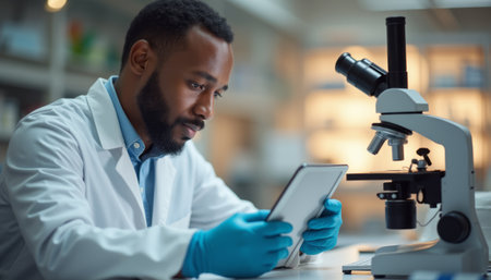 A dedicated Black male scientist in a white lab coat examines information on a tablet while seated next to a microscope. The image captures the essence of modern scientific research, highlighting the blend of technology and traditional methods in a well-lit laboratory setting.の素材