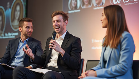 A dynamic scene captures three professionals engaged in a lively panel discussion, showcasing their expertise and charisma. The man in the center, dressed in a sharp black suit, animatedly shares his thoughts, while the attentive woman to his right listens intently, creating an atmosphere of collaboration and knowledge exchange.の素材