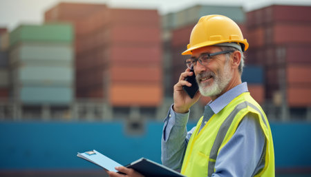 A seasoned male worker, wearing a bright yellow hard hat and reflective vest, smiles while talking on his phone amidst towering shipping containers. His expression radiates professionalism and assurance, embodying the spirit of teamwork and efficiency in the bustling logistics environment.の素材