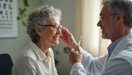 A warm and inviting scene captures an optometrist gently adjusting glasses on a cheerful elderly woman in a bright office. The interaction radiates care and professionalism, highlighting the importance of vision health and the bond between patient and doctor.の素材