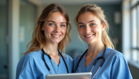 Two cheerful female nurses, dressed in light blue scrubs, stand together in a bright hospital corridor, radiating warmth and professionalism. Their friendly smiles and stethoscopes around their necks convey a sense of teamwork and dedication to patient care, inviting trust and comfort.の素材