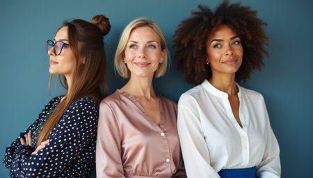 Three stylish women stand side by side against a calming blue backdrop, each exuding unique charm and confidence. Their distinct hairstyles and outfits reflect individuality, celebrating diversity and empowerment in a modern setting.の素材
