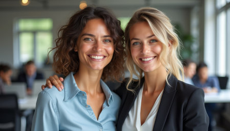 In a bright, contemporary office, two women stand side by side, radiating joy and professionalism. Their genuine smiles and stylish attire reflect a strong bond, showcasing empowerment and collaboration in a vibrant work environment.の素材