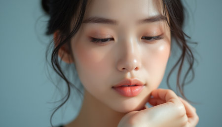 This captivating close-up showcases a young woman with flawless skin and a serene expression, highlighting her natural beauty. The soft lighting enhances her delicate features, creating an intimate and dreamy atmosphere that draws viewers in.の素材