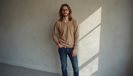 A stylish young man with long hair and glasses stands casually against a soft, textured wall, exuding confidence and charm. His relaxed posture and neutral-toned sweater create a warm and inviting atmosphere, perfect for showcasing modern fashion and individuality.の素材