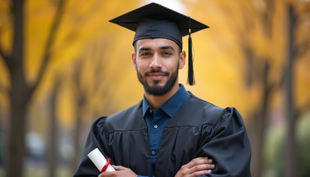 A proud young man stands confidently in his graduation cap and gown, holding a diploma, surrounded by a stunning backdrop of golden autumn trees. His smile radiates achievement and joy, capturing the essence of this significant milestone in his academic journey.の素材