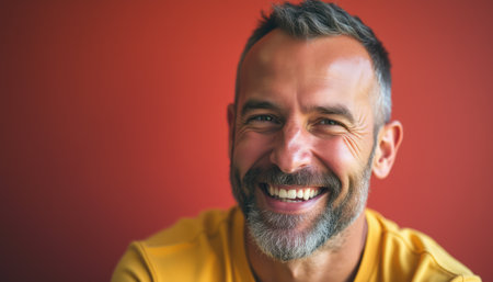 A joyful middle-aged man with a salt-and-pepper beard beams with a genuine smile, radiating positivity. His bright expression against the bold red backdrop creates an inviting and uplifting atmosphere, perfect for conveying happiness and warmth.の素材