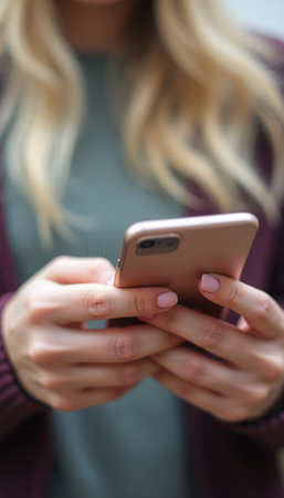 A close-up shot captures a womans hands delicately holding a smartphone, showcasing perfectly manicured nails. The soft focus on her flowing blonde hair and cozy attire creates an inviting atmosphere, emphasizing the connection between technology and personal expression.の素材