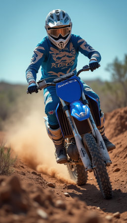 A skilled motocross rider, clad in vibrant blue gear, expertly navigates a rugged dirt trail, kicking up clouds of dust behind. The image captures the adrenaline and excitement of off-road biking, showcasing the riders determination and the beauty of the outdoor landscape.の素材