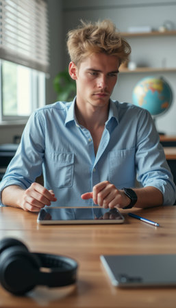 A focused young man with tousled blonde hair sits at a wooden desk, intently working on a tablet. The contemporary workspace features a globe and headphones, creating an atmosphere of creativity and concentration.の素材