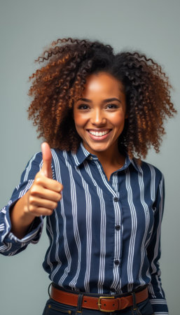 A joyful woman with curly hair flashes a bright smile while giving a thumbs-up gesture, radiating positivity and confidence. Her stylish striped shirt and warm expression create an inviting atmosphere, perfect for conveying encouragement and success.の素材