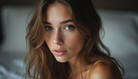 This stunning portrait captures a young woman with long, wavy hair and mesmerizing eyes that draw you in. Her natural beauty radiates warmth and confidence, set against a softly blurred background that enhances her ethereal presence.の素材