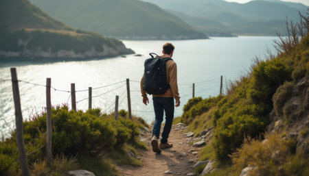 A young man with a backpack strolls along a picturesque trail, surrounded by lush greenery and stunning coastal views. The tranquil waters and rolling hills create a serene atmosphere, inviting adventure and exploration in natures embrace.の素材