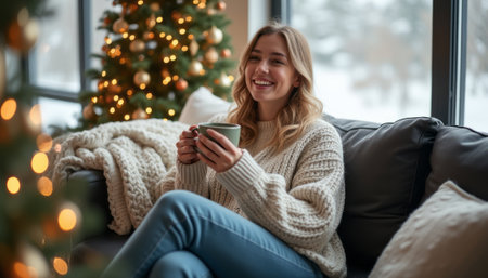 A cheerful young woman sits comfortably on a plush sofa, cradling a steaming mug while surrounded by twinkling holiday lights. The scene radiates warmth and joy, capturing the essence of a cozy winter afternoon filled with festive cheer and relaxation.の素材