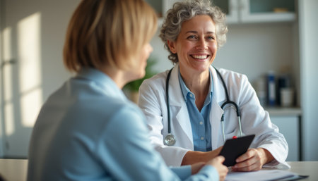 A warm and inviting scene captures a female doctor with curly gray hair smiling at her patient, who is seated and engaged in conversation. The atmosphere radiates trust and care, highlighting the importance of compassionate healthcare and patient-doctor relationships.の素材
