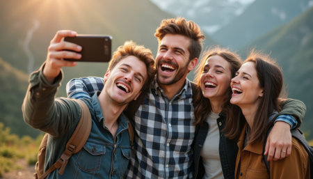 A group of four friends, two men and two women, are joyfully taking a selfie against a breathtaking mountain backdrop. Their laughter and vibrant smiles radiate happiness, capturing the essence of friendship and adventure in natures embrace.の素材