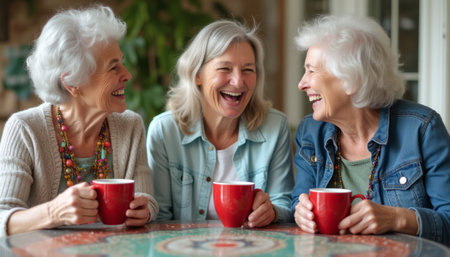 Three cheerful older women with silver hair sit together at a beautifully patterned table, each holding a vibrant red mug. Their warm smiles and animated expressions create a heartwarming scene of friendship and connection, celebrating the joy of shared moments and cherished memories.の素材