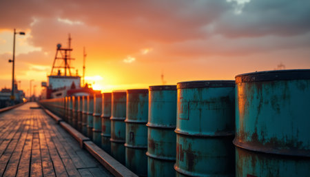 A stunning sunset casts a warm glow over a row of weathered barrels lining a wooden dock, creating a captivating contrast against the vibrant sky. The scene evokes a sense of tranquility and nostalgia, inviting viewers to reflect on the beauty of maritime life and the passage of time.の素材