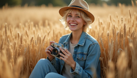 A cheerful young woman with short blonde hair, wearing a stylish straw hat and denim jacket, smiles brightly while holding a vintage camera in a sunlit wheat field. The warm golden tones of the wheat create a serene backdrop, enhancing the joyful atmosphere of exploration and creativity.の素材